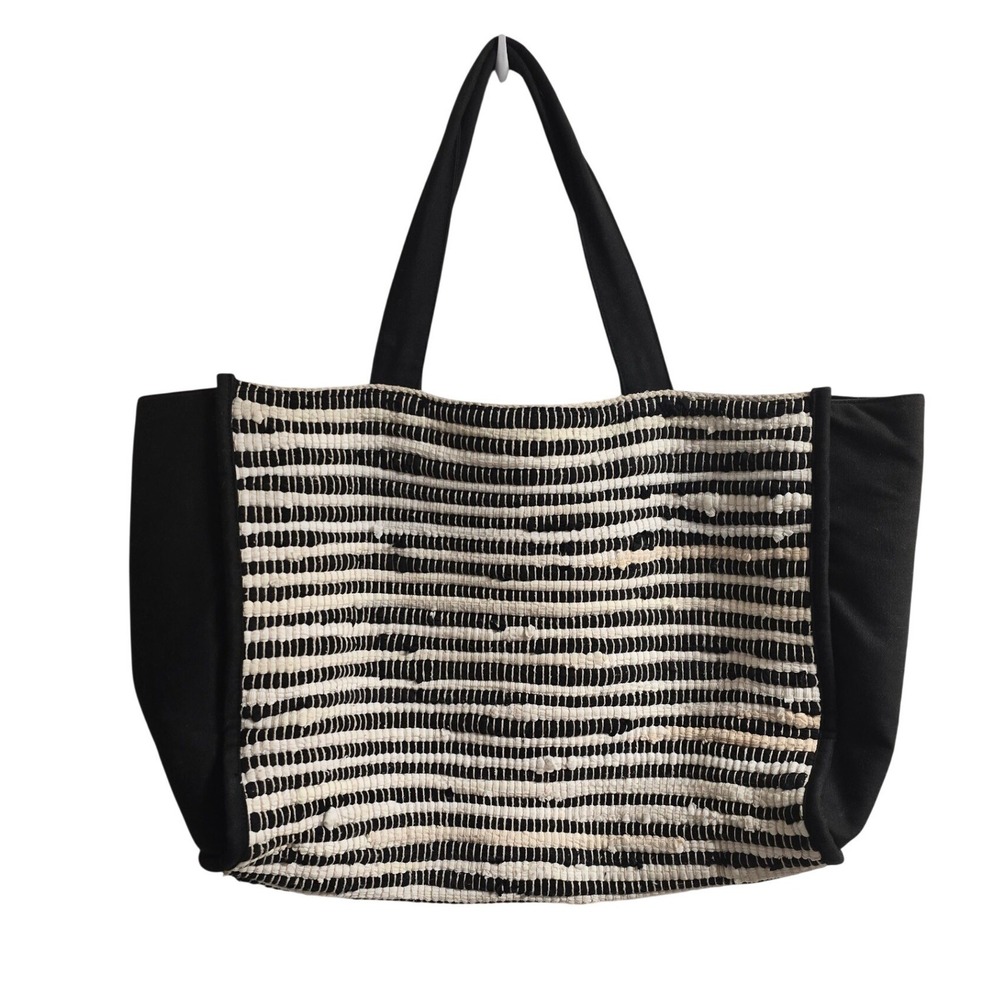 America & Beyond Boho Black White Striped Woven Canvas Tote Bag Large Shoulder